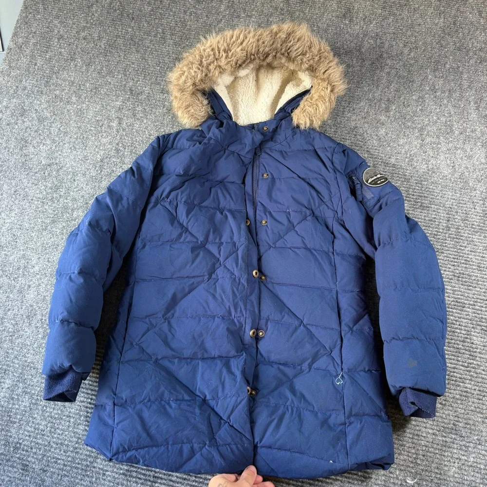 Eddie Bauer Kids Small 7/8 Navy Blue Faux Fur Hooded Puffer Parka Jacket 4486